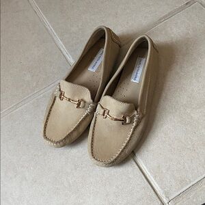 Saks Fifth Avenue Beige Leather Loafers with Gold Accent